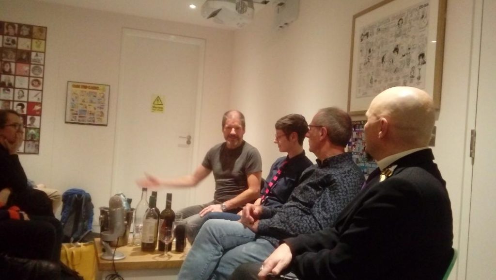 Comics Laureates, Three! In Conversation at the Cartoon Museum on Wednesday 13th November 2019. Left to right: Charlie Adlard, Hannah Berry, Dave Gibbons and Host Jason Atomic. Photo: Richard Sheaf