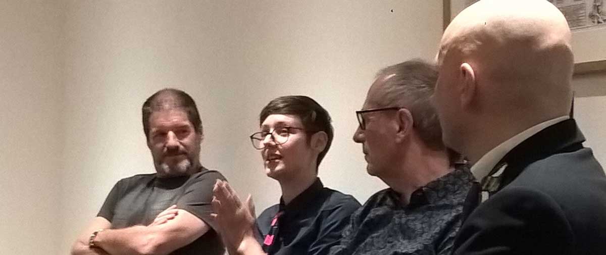 Comics Laureates, Three! In Conversation at the Cartoon Museum on Wednesday 13th November 2019. Left to right: Charlie Adlard, Hannah Berry, Dave Gibbons and Host Jason Atomic. Photo: Neil Kenny
