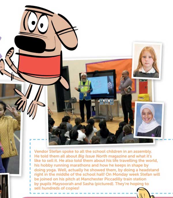 This clipping from the new issue of Big Issue North (Issue 1316) shows street vendor Stefan talking to all the school children of Unity Primary in an assembly. Clip courtesy of Big Issue North