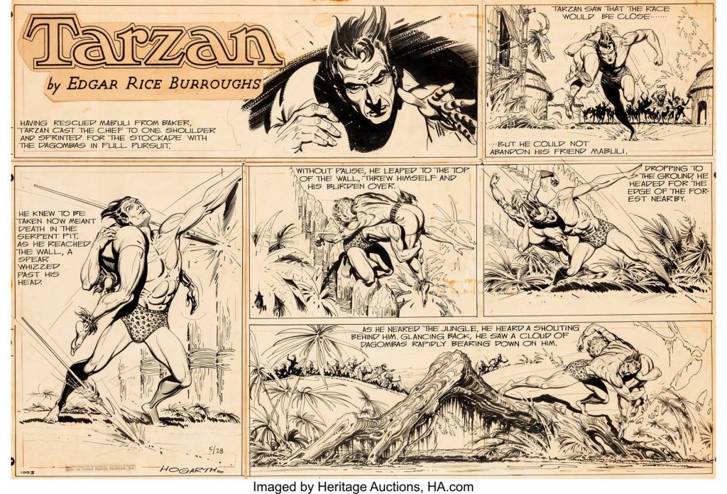 Burne Hogarth Tarzan #1003 Sunday Comic Strip Original Art dated 28th May 1950. An episode from the story arc "Tarzan and the Adventurers" features Tarzan escaping from the Dagomba stockade with his unconscious friend Mabuli