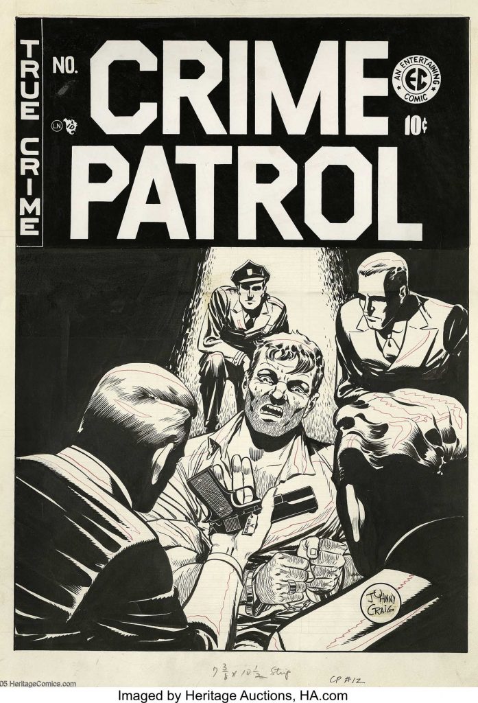 Johnny Craig - Crime Patrol #12 Cover Original Art (EC, 1949), sold by Heritage Auctions in 2005 for $5,750. Few artists could capture a sweaty, fearful expression as convincingly as Johnny Craig -- limning the peak moment of fear and loathing was one of Craig's hallmarks. Regarding Craig's renowned precision, William Gaines told The Comics Journal, "He would take an entire month to write and draw one story. It was just his nature. A lot of guys in comics bat stuff out; Johnny never did. Everything had to be perfect." Image: Heritage Auctions