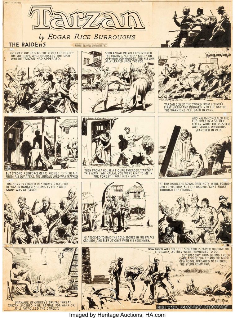 Hal Foster Tarzan #281 Sunday Comic Strip Original Art dated 26th July 1936. "The Raiders" was an episode from fairly early in the famed "Tarzan in the City of Gold" story arc. The story, based on the original Edgar Rice Burroughs novel, ran for over a year, from May of 1936 until October of 1937. It was the last story arc by Hal Foster before he moved on to create "Prince Valiant". Burne Hogarth would step in to finish the story in May of 1937