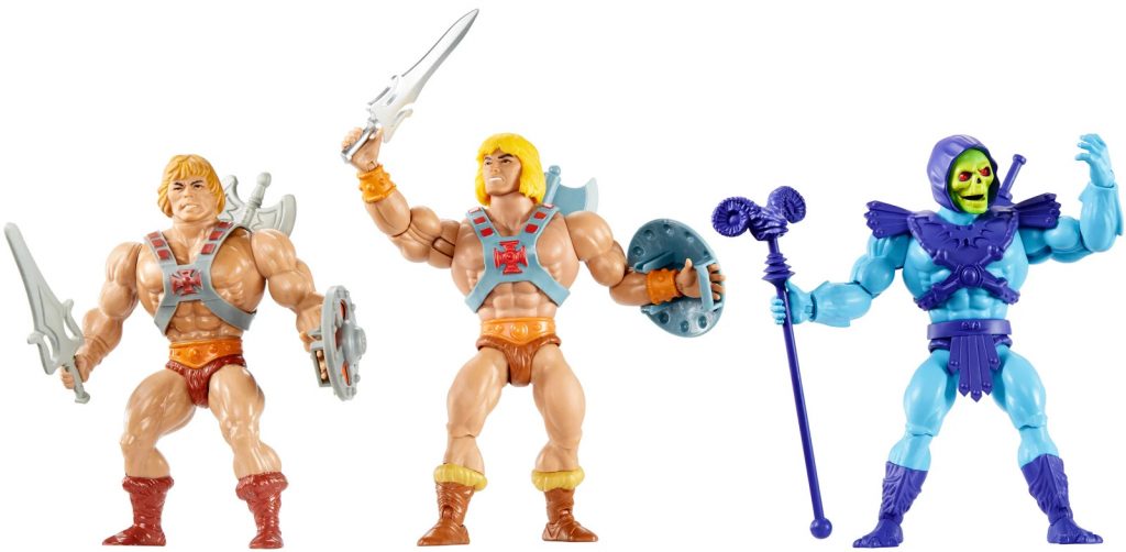 The new Masters of the Universe Origins Line He-Man and Skeletor figures (centre and right), compared with Mattel’s vintage Masters of the Universe He-Man figure (left). Photo: Mattel