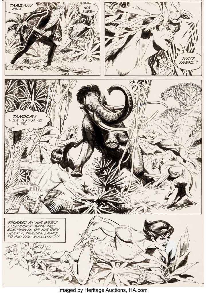 A page from "Tarzan in Savage Pellucidar", published in 1975 by Russ Manning . A fantastic page by one of the best Tarzan artists ever, it features Tarzan and David Innes - just after they are arrived in Pellucidar (thanks to a ride from Captain Nemo's submarine via Loch Ness)!