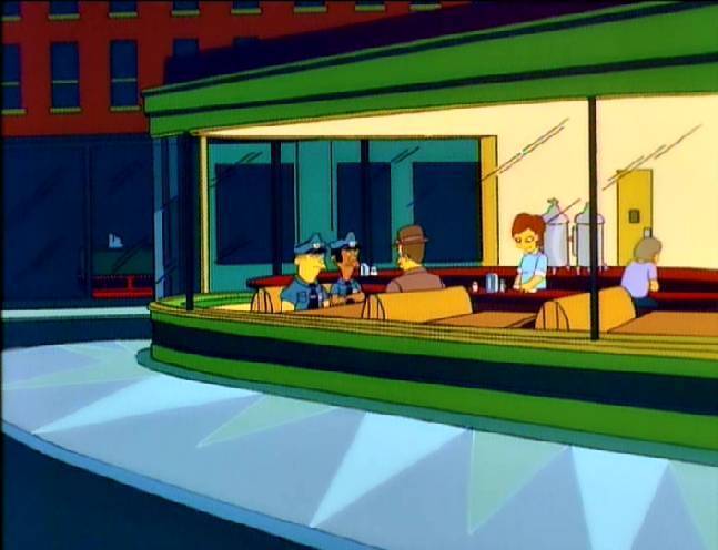 "Nighthawks" homage in The Simpsons episode "Homer vs. the Eighteenth Amendment" © Twentieth Century Fox