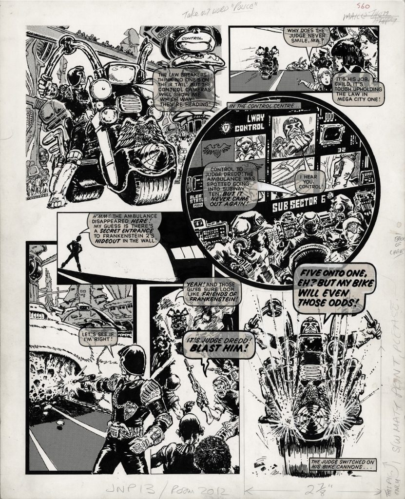 The last panel of this page was used in ads for 2000AD - and in Prog 1. It's the first ever published image of Judge Dredd