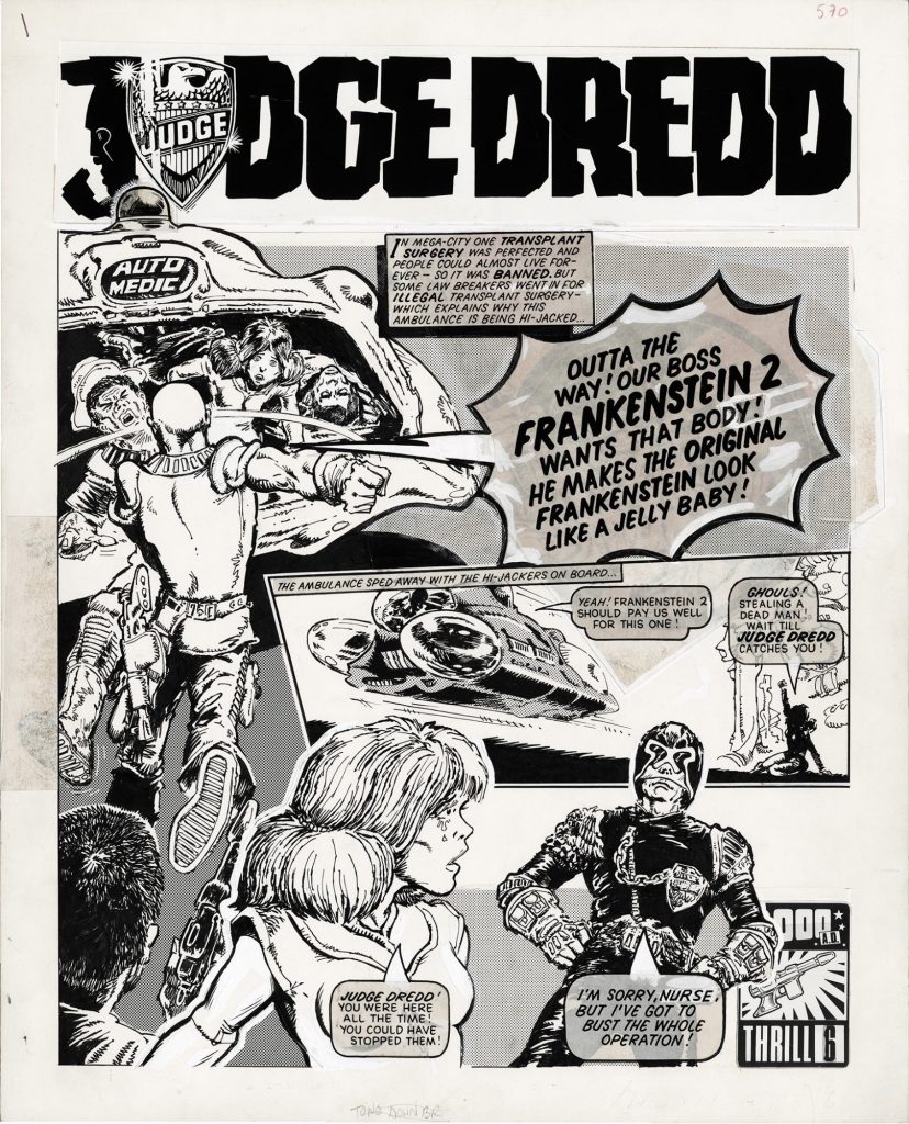 The opening page of the first “Judge Dredd” strip to be drawn by Mick McMahon, intended for the first issue - but which didn’t run in 2000AD until Prog 6