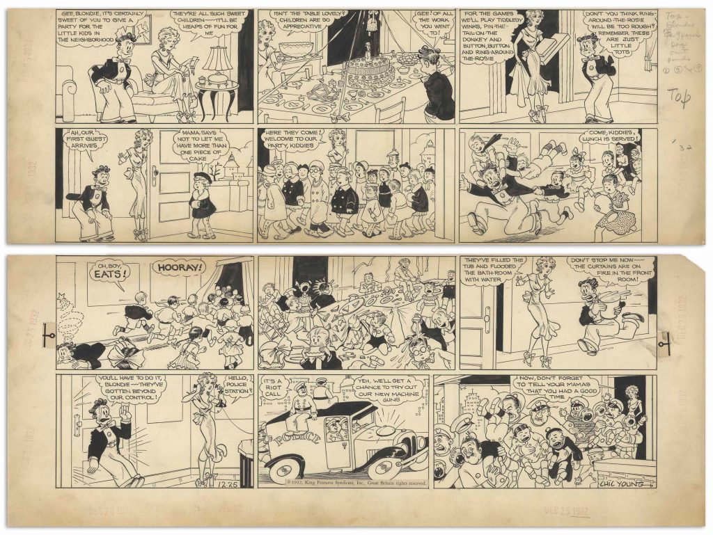 ''Blondie'' Sunday comic strip hand-drawn and signed by Chic Young published on Christmas, 25th December 1932, featuring Blondie, her boyfriend Hiho and a cache of children causing mayhem. 12-panel strip measures 19.75'' x 15'', in two sections comprising the top and bottom halves. Uniform toning and light chipping to margins, overall very good condition. From the Chic Young estate.