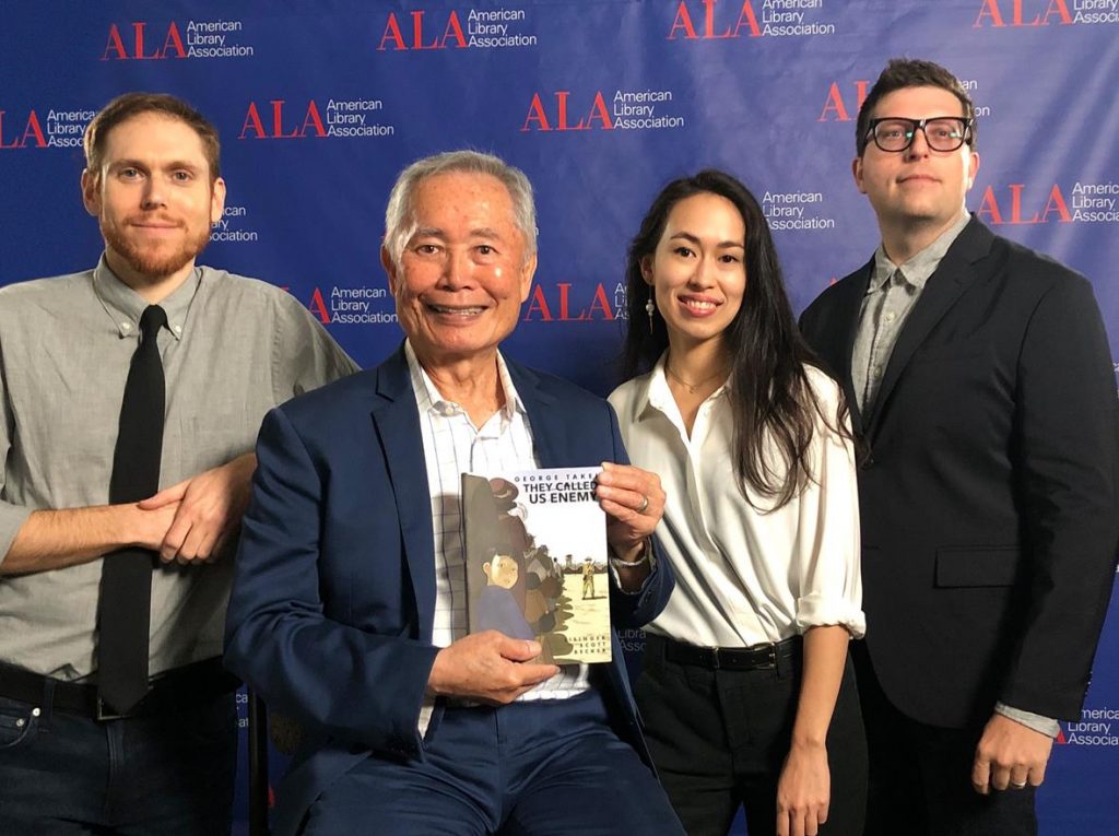 The They Called Us Enemy team with the Asian/Pacific American Award for Young Adult Literature. Photo: Leigh Walton