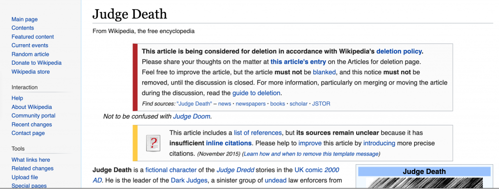 A 17th December 2019 snapshot of the Judge Death Wikipedia Page, highlighting a warning that it was due for deletion