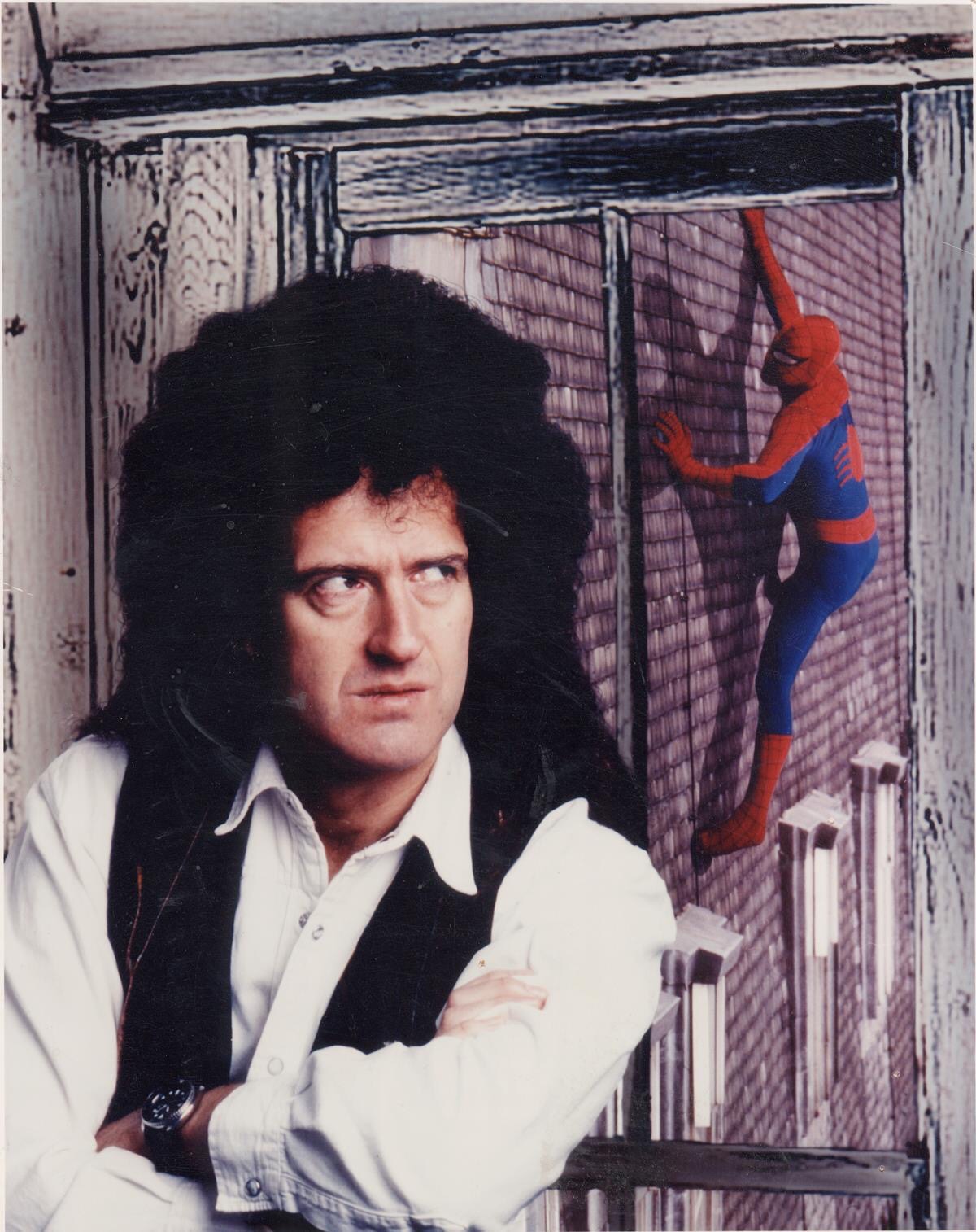 Before the days of Photoshop, this was a killer photo to take: Brian May and Spidey team-up for Dirk Maggs fabulous BBC radio drama. Photo courtesy Tim Quinn