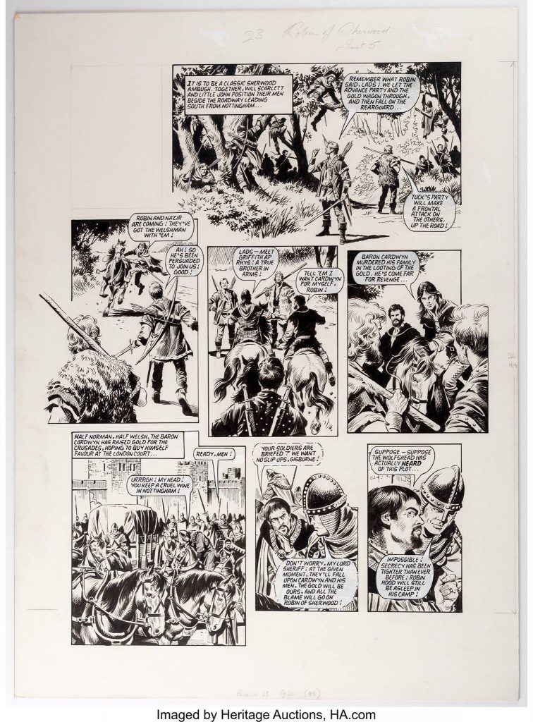 "Robin of Sherwood" for Look-In by Mike Noble. Art dated 6-1-85. Will Scarlett and Little John prepare an ambush while Robin Hood returns with an unexpected ally. This page sold on Heritage Auctions for just $99 back in 2017