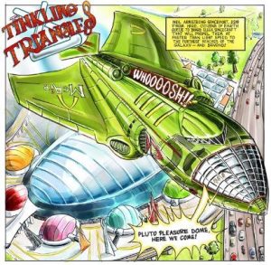 "The Tinkling Triangles", a wacky five-page strip for The77 written by Steve MacManus, with art by Brendon Wright