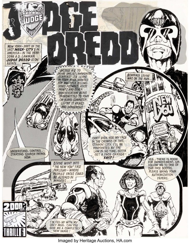 Mike McMahon's art in the auction is for the "Judge Dredd" story that appeared in 2000AD Prog 3, a complete four-page story titled "The New You", published in March 1977. 