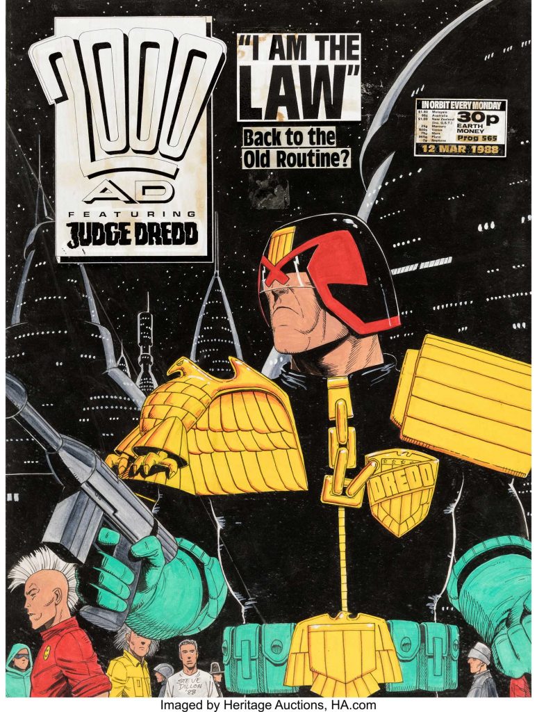 Steve Dillon 2000AD #571 Cover Judge Dredd Original Art dated 4-23-88 (Fleetway Publications, 1988)