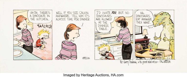 Bill Watterson - Calvin and Hobbes Daily Comic Strip Original Art dated 2-6-87 (United Feature Syndicate, 1987). "For Garry Trudeau, with great admiration" reads Watterson's inscription. Very few originals of this strip have been available to collectors, and hand-coloured ones even rarer - but the fact that it was a gift to another all-time-great comic strip creator explains why Watterson took the time. This very funny daily was chosen to be reprinted on 1-31-92 while Bill Watterson was on sabbatical