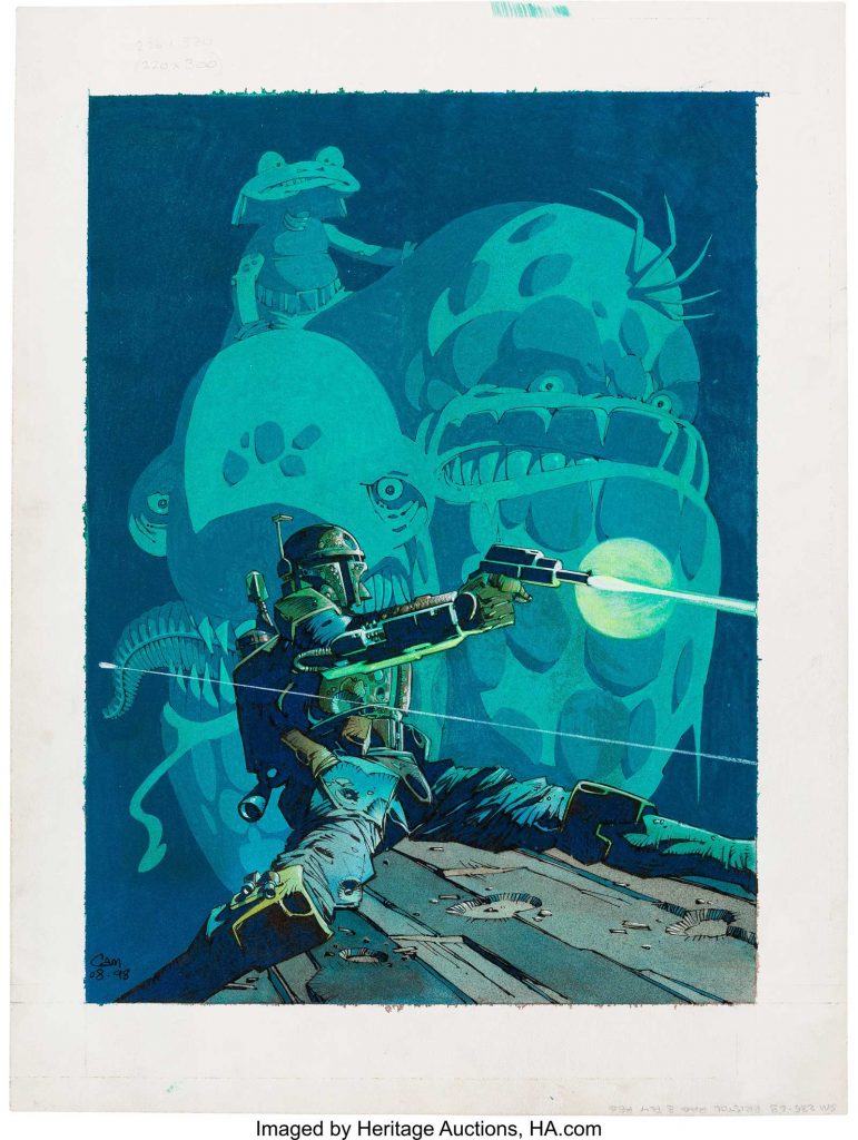 An original Boba Fett painting by Cam Kennedy (Dark Horse, 1998). Cam Kennedy was responsible for Dark Horse's first Star Wars comic book series, and this illustration was used as an exclusive glow-in-the-dark print for the Brussels comic shop Forbidden Zone. The art is a tribute re-creation of Kennedy's Star Wars: Boba Fett, Death, Lies & Treachery cover, which was the first graphic novel dedicated to the popular Mandalorian bounty hunter