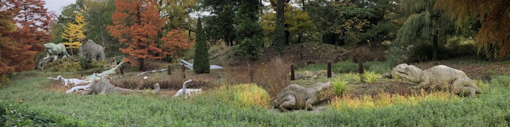 A panorama of the Crystal Palace Dinosaurs. Photo: Friends of Crystal Palace Dinosaurs