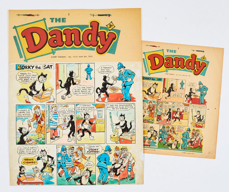 The Dandy/Korky the Cat original front cover artwork (1961) drawn and painted by Bill Creighton for The Dandy No 1015, cover dated 6th May 1961, with original front cover printer's proof signed by Dandy editor