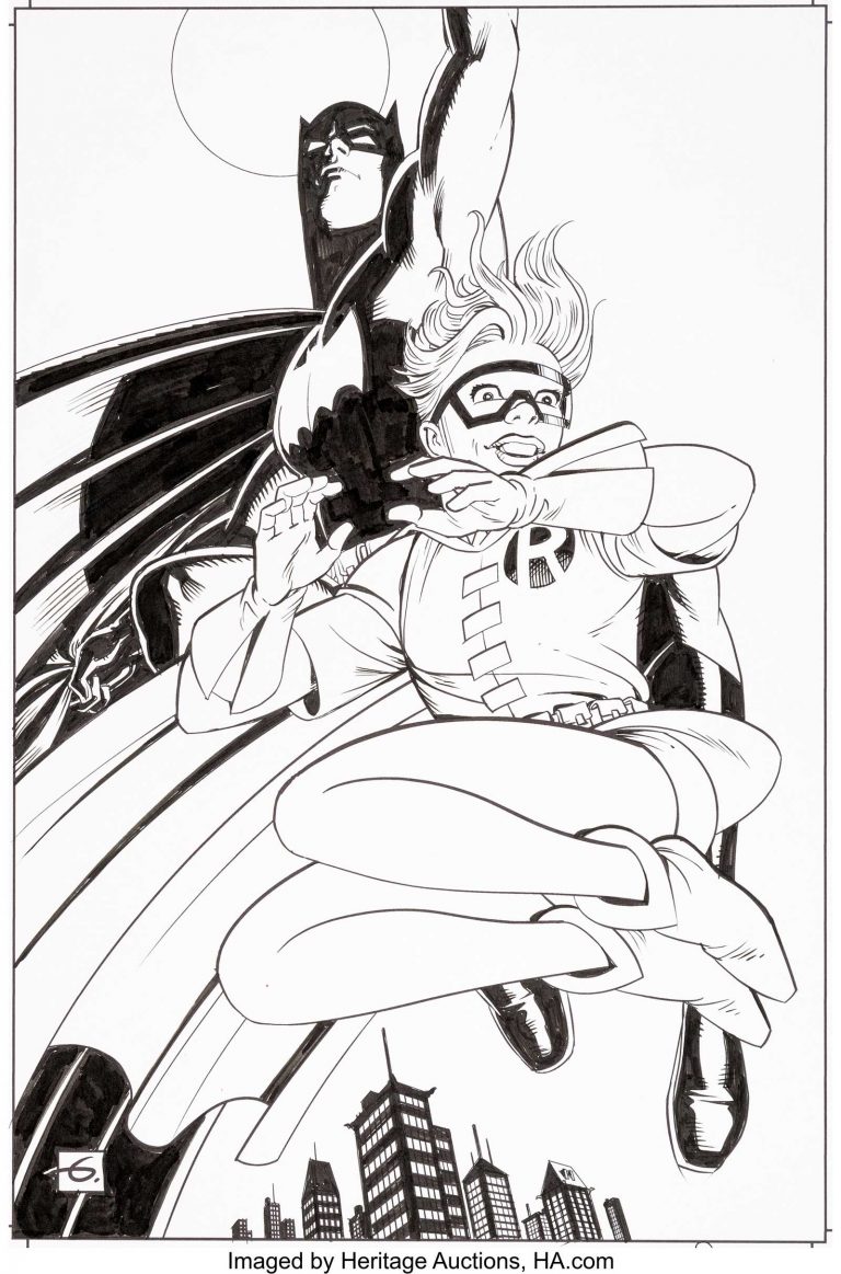 Dave Gibbons The Dark Knight III: The Master Race Retailer Incentive Variant Cover Original Art (DC Comics, 2016). Gibbons gives us a different angle on the leap seen on the classic splash page from Frank Miller's original Dark Knight Returns #3. Carrie Kelley known for being the first full-time female Robin in the history of the Batman franchise, takes the front stage as she leads her hero and boss into the night