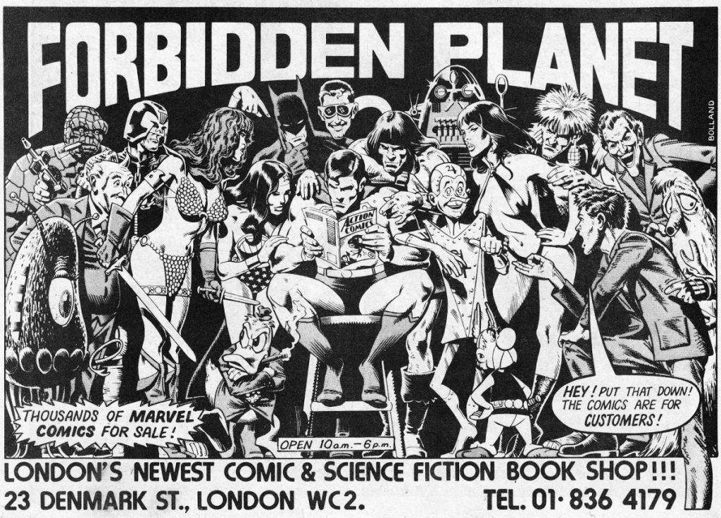 A 1970s advertisement for Forbidden Planet, featuring art by Brian Bolland