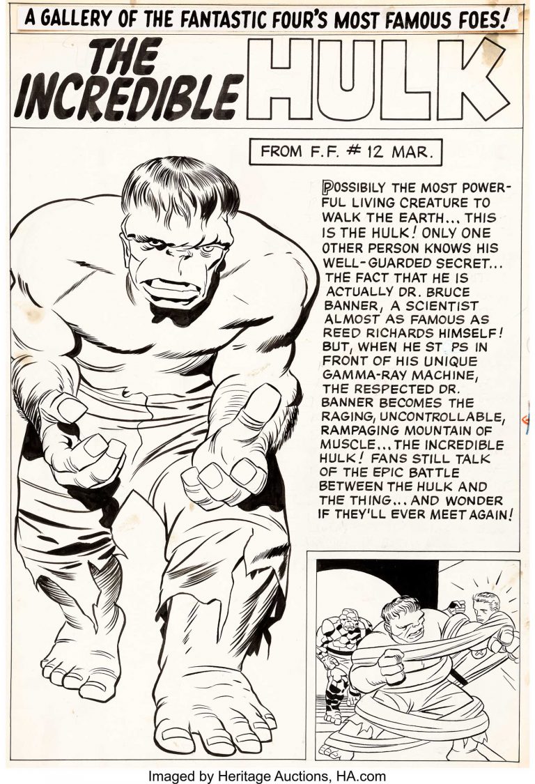 Jack Kirby Fantastic Four Annual #1 "The Incredible Hulk" Pin-Up Original Art (Marvel, 1963). This absolutely classic pin-up page is the very first Hulk pin-up from Marvel. To make it even cooler, the text mentions the Hulk's battle with the Fantastic Four's Thing from the (then) recent FF #12. It is a bold image that has been burned into the minds of generations of comic fans and art collectors as the definitive rendition of one of the Marvel Universe's greatest superheroes...