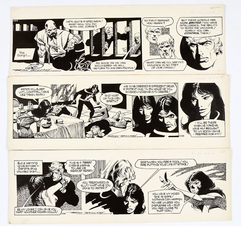Garth: The Beast of Ultor: three original artworks (1974) drawn and signed by Frank Bellamy from the Daily Mirror 11 March, 14th/26th April 1974