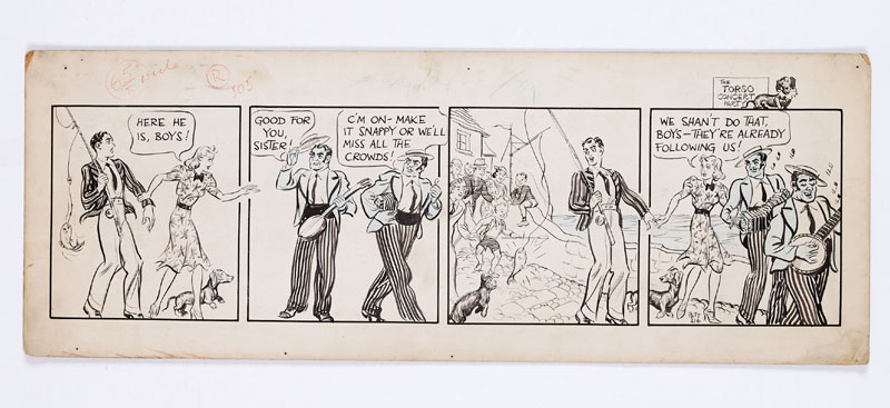 Jane original artwork strip, "The Torso Concert Party" drawn and signed by Norman Pett for the Daily Mirror, 5th August 1939