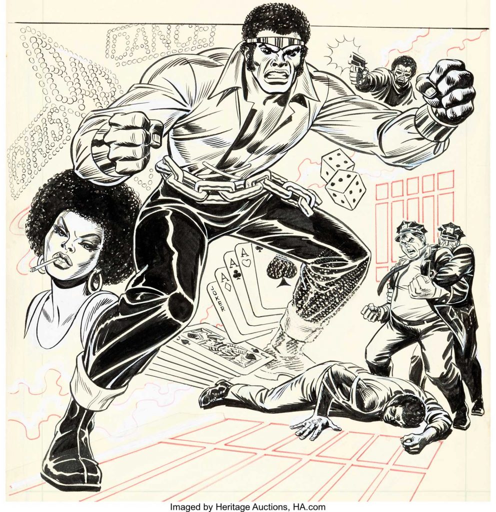 Hero for Hire #1 Cover Original Art (Marvel, 1972) by John Romita Sr. No matter if you know him as Luke Cage, or Power Man... this is where he got his start! It's the cover of the first issue, and he's already wearing his most iconic costume... Metal tiara, yellow satin open-front blouse, wrist shackle cuffs, and a huge chain belt! This book was an important title for Marvel, as it was a black man starring in his own self-titled comic. Not the first in comics' history, but the first black hero in his own comic for Marvel. The cover was rendered in ink with whiteout art corrections and red ink key lines over graphite on Bristol board with an image area of 11.5" x 15.5". It's unclear if this is all-Romita, or if someone helped out (and even if so, in what way). It's been suggested that either George Tuska or Sal Buscema may have helped with some pencils or inks. One thing is for sure... there are JRSR art corrections on Luke's face and figure, and the woman on the left. There is a "scratch" technique used on Luke's left leg whereby the artist scratches abrasions on the page itself