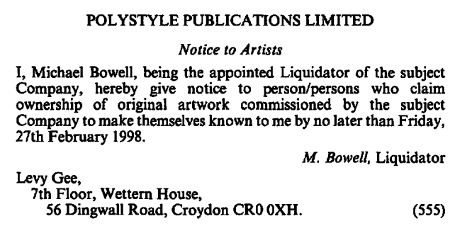 Notice of Liquidation of Polystyle Publications Limited - from the London Gazette, 24th October 1997