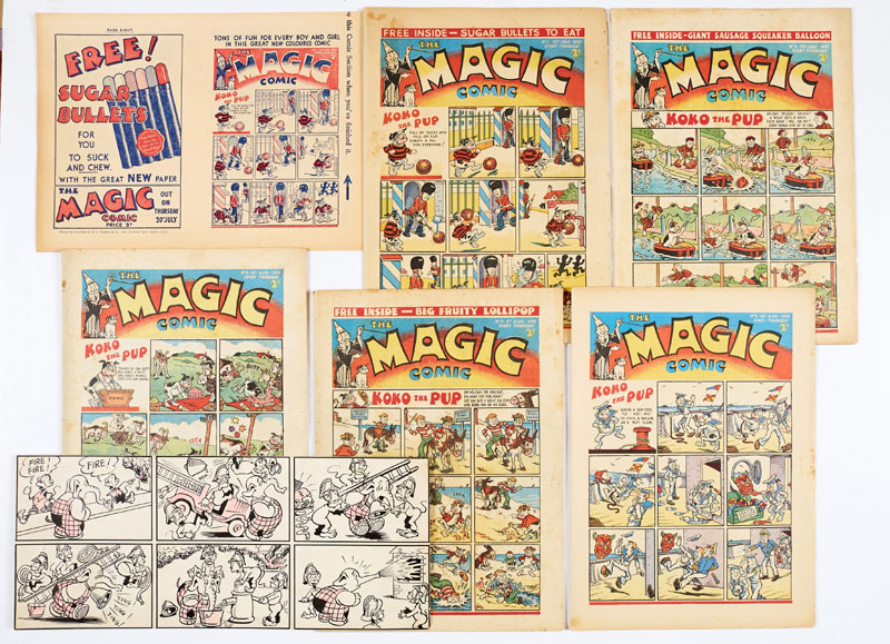 Magic Comic (1939) 1-5, with Magic comic promotional flyer for No 1 (an eight-page mini comic in its own right) and "Little Squirty" original artwork by Chick Gordon for Magic No 2. Introducing "Koko the Pup" by E.H. Banger and "Peter Piper" by Dudley Watkins