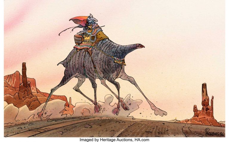 Moebius (Jean Giraud) Moebius: Made in L.A. Page 77 Arzach Sci-Fi Illustration Original Art (Casterman, 1988). Arzach rides a crazy six-legged camel-like creature... as only Moebius could design