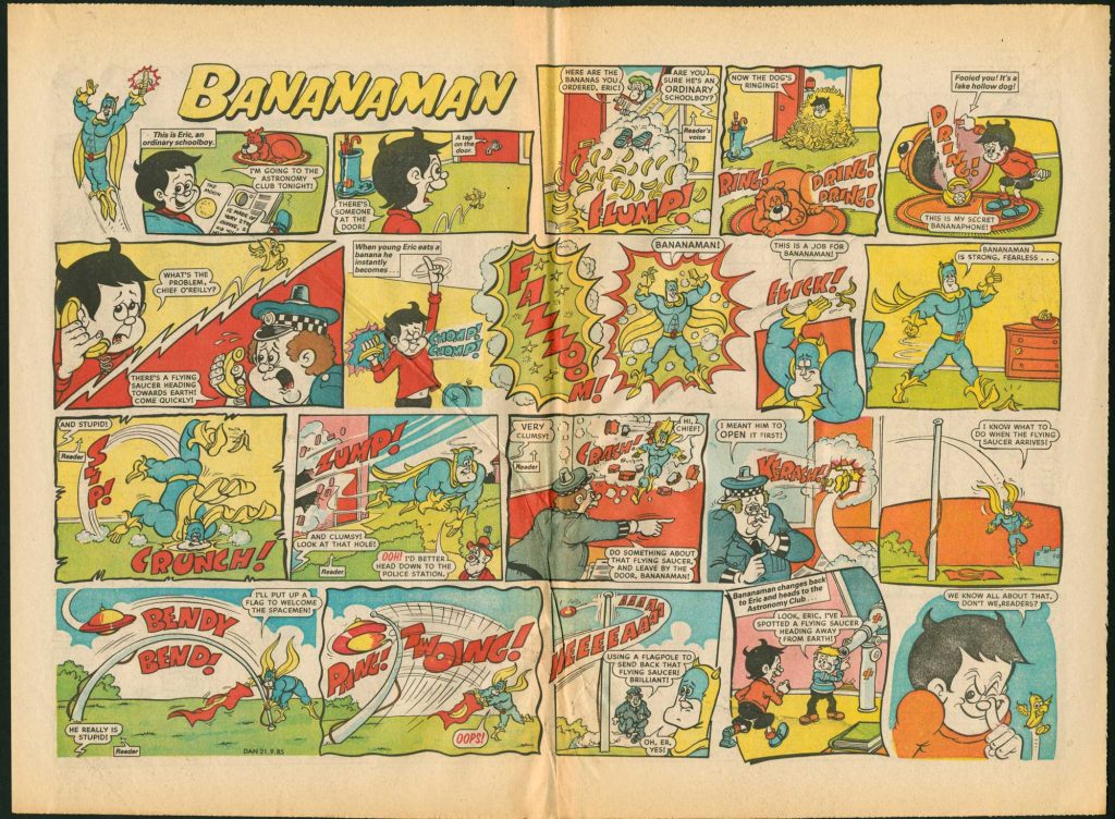 A "Bananaman" spread from an unknown issue of Nutty. In early issues the character featured as a single back page strip, but later ousted "Wold Rovers" from the centrespread