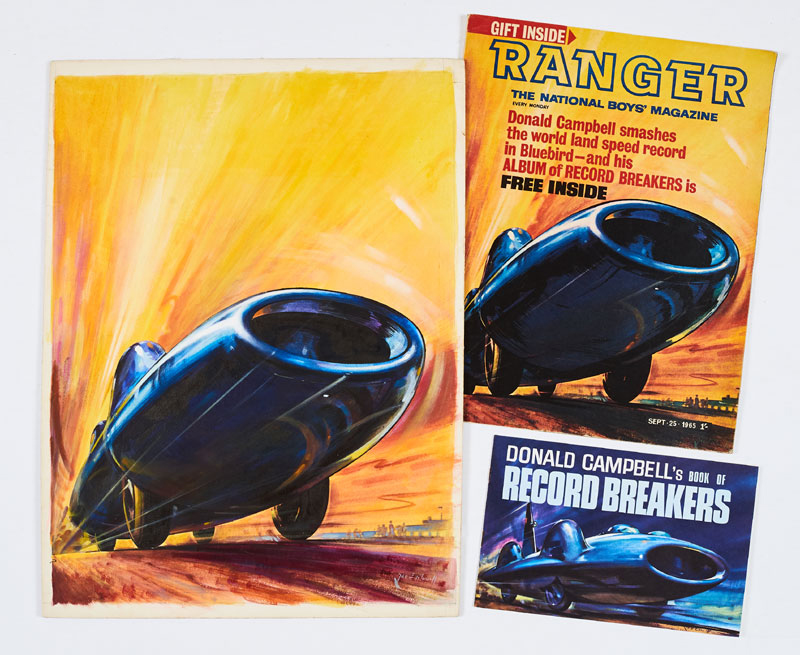 Bluebird original front cover artwork from Ranger No 2 painted and signed by James E McConnell (19650, with Ranger No 2 and free gift Donald Campbell's Book of Record Breakers