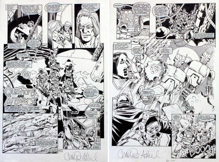Two pages from the the Warheads story "Questions and Answers", writer Scott Gray's first superhero strip for Marvel UK, pencilled by Charlie Adlard and inked by Adolfo Buylla. The strip first appeared in Overkills and then ran as a back up strip in Warheads #9