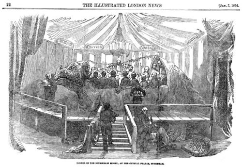 The “Dinner in the Iguanodon Model” is the best known story about the work creating the Crystal Palace Dinosaurs. It took place on New Year’s Eve 31st December 1853 and was immortalised in the picture published in Illustrated London News, 7th January 1854