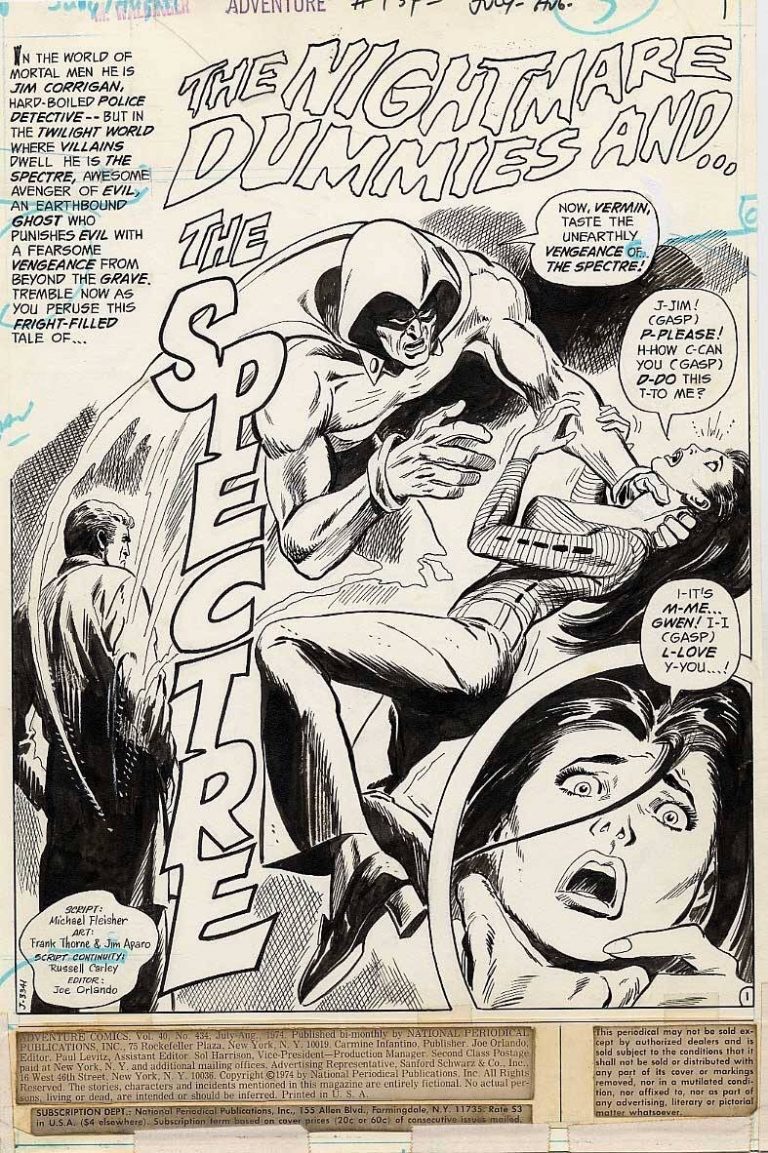 A classic Spectre splash from Adventure 434 drawn by Frank Thorne and inked by Jim Aparo