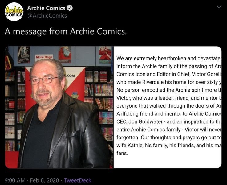 Archie Comics tribute to Victor Gorelick on Twitter 