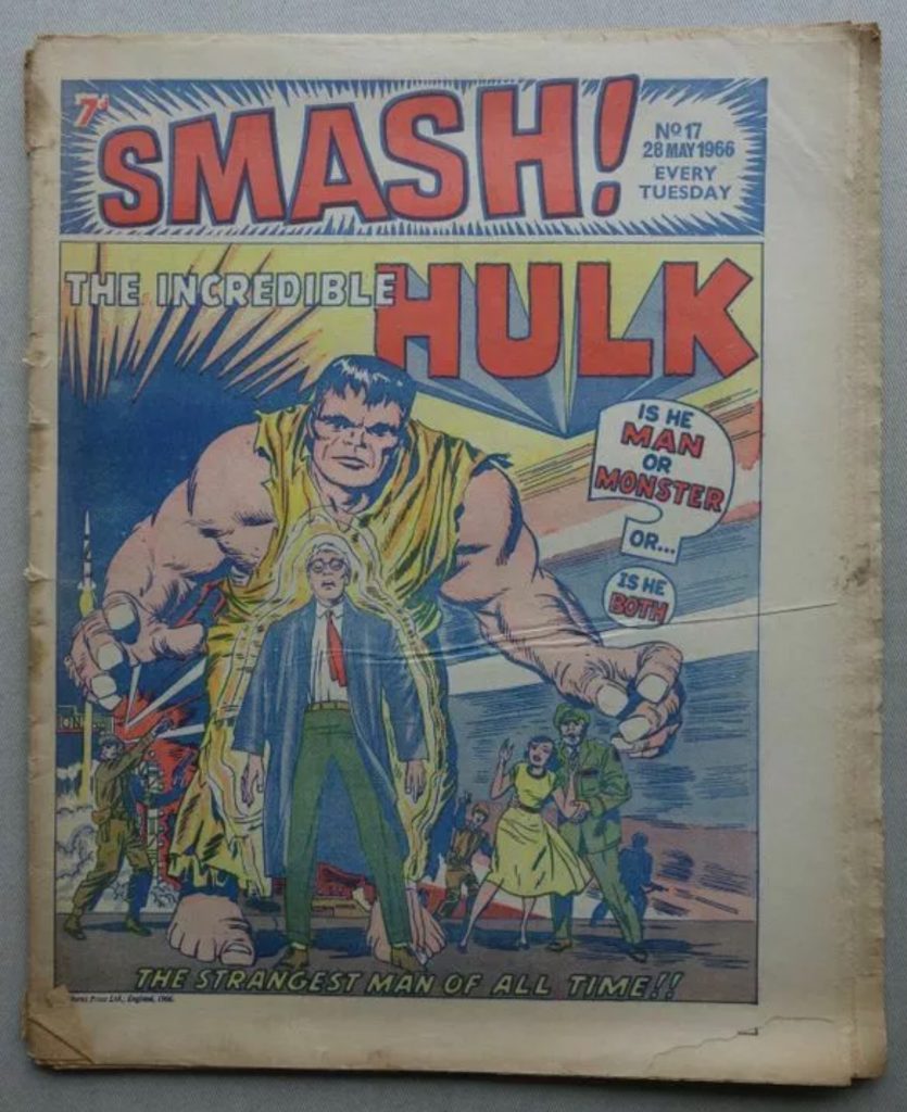 It seems no-one told the editorial team that the Incredible Hulk was green when they created this cover for Smash Issue 17, cover dated 28th May 1966