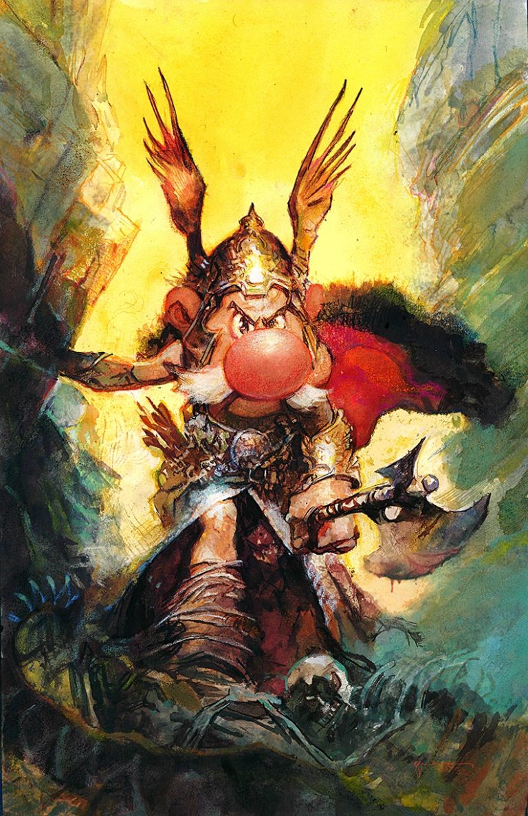 Artist Bill Sienkiewicz mashup painting of Uderzo and Frazetta "because of course" he commented
