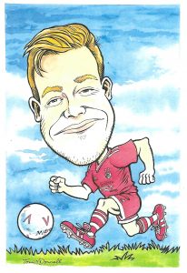 A recent football caricature for an Aberdeen fan by Tony O' Donnell, created in Brush Pen and ink and watercolour. Tony mainly works from photographs to create these, as long as the face in the photo is clear and sharp and at least passport size