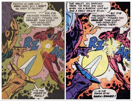 A panel from Captain Britain Weekly and the revised version published in Marvel Tales back in 1981