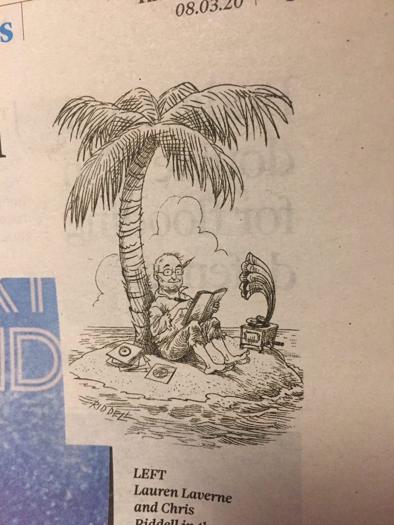 Chris Riddell’s Desert Island sojourn, as imagined by the cartoonist himself