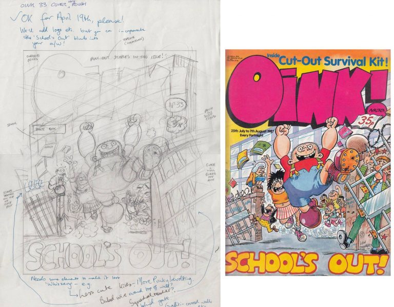 Lew’s first professionally published comics cover, both pencils and final art, for Oink!, published in 1987