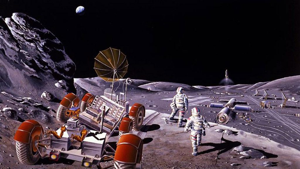 An artist's concept of lunar base and extra-base activity. Created during a 1984 NASA Summer Study at the California Space Institute (CalSpace), Scripps Institute of Oceanography, University of California, San Diego. Credit: NASA/Dennis Davidson