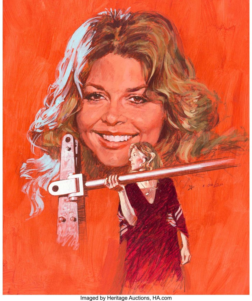 Offered by Heritage Auction is Arnaldo Putzu's art for the cover of Look-In Magazine #3 (1978), for the issue cover dated 14th January 1978, featuring "The Bionic Woman".  Just like The Six Million Dollar Man, The Bionic Woman was a big hits on both sides of the Atlantic, evidenced by how many times one of them got the cover for ITV's "Junior TV Times". The Bionic Woman also featured as a comic strip, drawn by artists such as John Bolton and Martin Asbury. This lovely cover painting of star Lindsay Wagner was rendered edge-to-edge in gouache and Conte crayon on 14.5" x 18" illustration board. Signed in the image area, and with only minimal edge and corner wear, the piece is in excellent condition