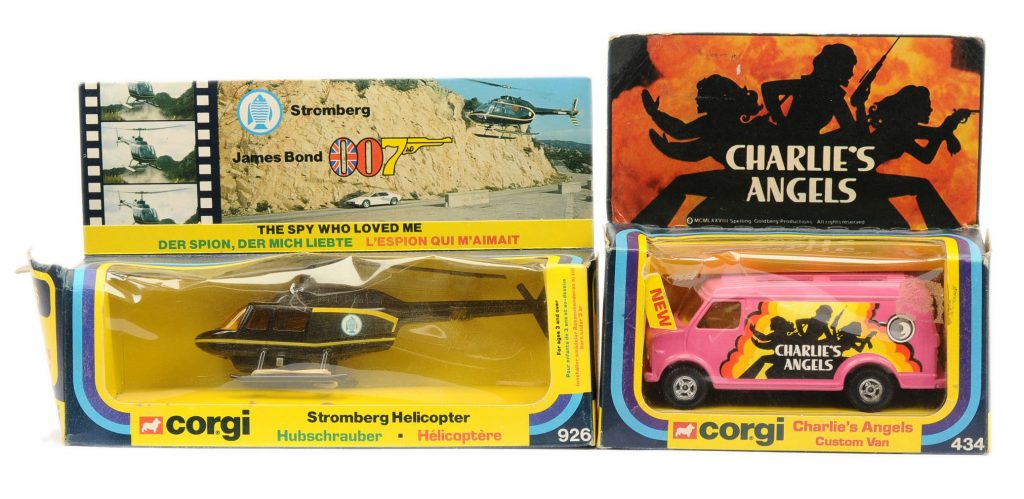 Corgi 434 "Charlie's Angels" Custom Van - pink, 4-spoke wheels (1st issue) and 926 "James Bond" Stromberg Helicopter - black, yellow with some Missiles attached to sprue