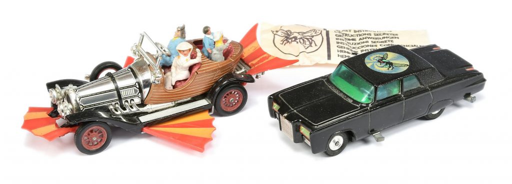 Corgi, unboxed pair - "Chitty Chitty Bang Bang" with "Caractacus Potts, Truly Scrumptious, Jeremy and Jemima" figures, and "The Green Hornet" Black Beauty - black, spun hubs, complete with secret instruction pack containing folded leaflet, missile and spinner