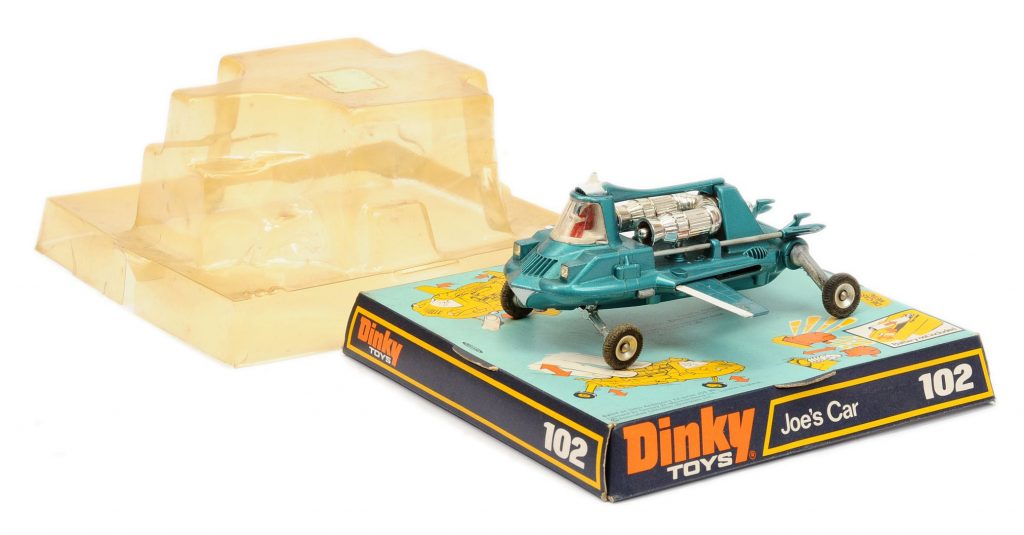 Dinky 102 "Joe 90" - Joe's Car - metallic aqua, white - Good Plus (missing battery-operated bulb cover), carded base
