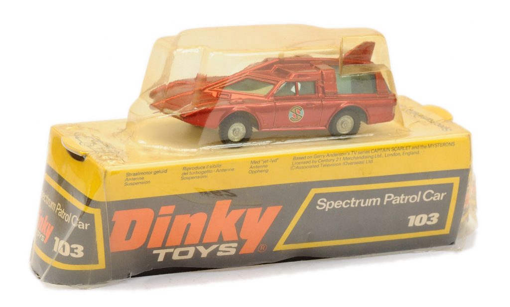 Dinky 103 Captain Scarlet Spectrum Patrol Car - metallic red, white base and plastic aerial, cast hubs